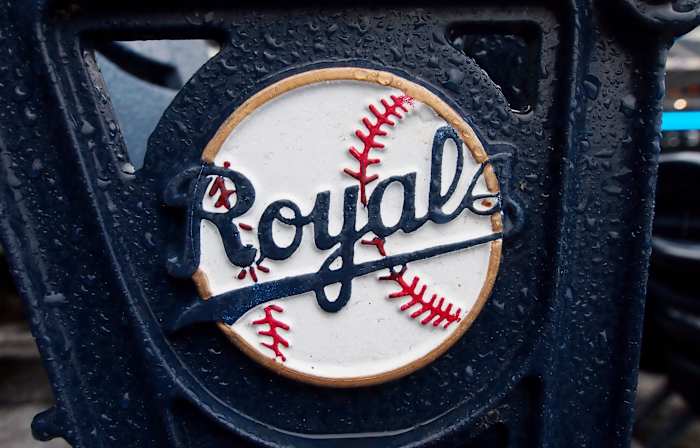 Oct 13, 2014; Kansas City, MO, USA; Rain collects on a Royals decal logo on a seat in the stands before game three of the 2014 ALCS playoff baseball game between the Baltimore Orioles and Kansas City Royals at Kauffman Stadium. Mandatory Credit: Jerry Lai-USA TODAY Sports